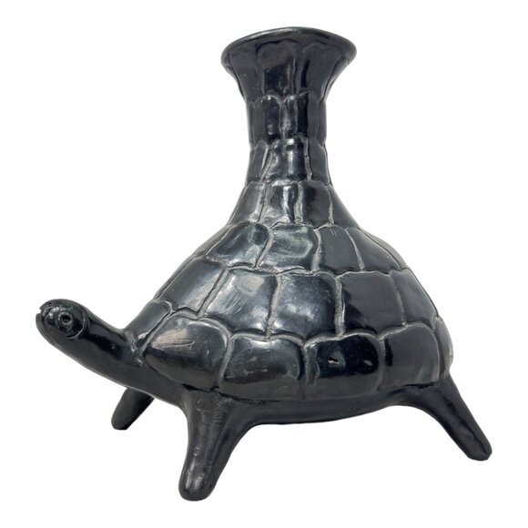 Barro Negro de Oaxaca Handmade Black Mexican Clay Tortoise VNTG Vase 7" H x 8" W - Picture 4 of 8